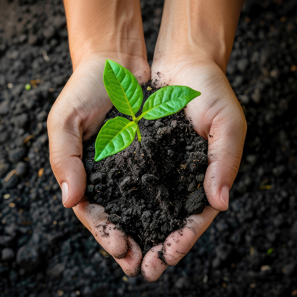 hands holding soil and seedling